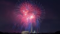 Fireworks above the Lincoln Memorial, Washington Monument and the U.S. Capitol building during the Independence Day fireworks display in Arlington, Virginia, on July 4, 2024.