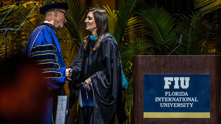 Florida Lt. Governor Jeanette Nunez greets FIU’s sixth president, Kenneth A. Jessell, during his Presidential Investiture Ceremony at the Ocean Bank Convocation Center, at the Florida International University’s Modesto A. Maidique campus in Miami, on May 18, 2023. (Pedro Portal/Miami Herald/Tribune News Service via Getty Images)