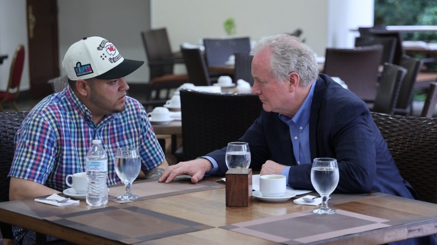 SAN SALVADOR, EL SALVADOR – APRIL 17: (EDITOR’S NOTE: This Handout image was provided by a third-party organization and may not adhere to Getty Images’ editorial policy.)  In this handout provided by Sen. Van Hollen’s Office, U.S. Sen. Chris Van Hollen (D-MD) meets with Kilmar Armando Abrego Garcia (L) at an undisclosed location on April 17, 2025 in San Salvador, El Salvador. Abrego Garcia, a Maryland resident, was illegally deported by the Trump administration and has been held in prison in El Salvador since March 15.  (Photo by Sen. Van Hollen’s Office via Getty Images)