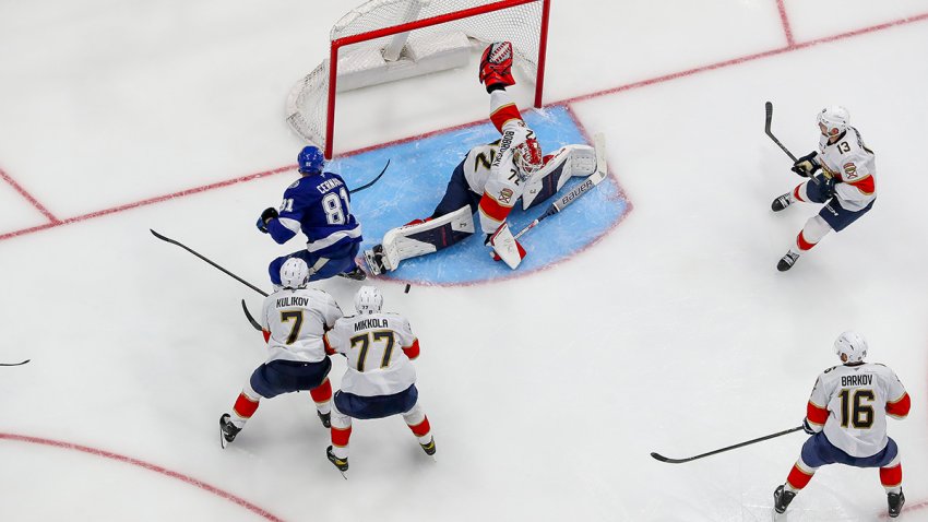TAMPA, FL – APRIL 30: Erik Cernak #81 of the Tampa Bay Lightning has his shot saved by goalie Sergei Bobrovsky #72 of the Florida Panthers during Game Five of the First Round of the 2025 Stanley Cup Playoffs at Amalie Arena on April 30, 2025 in Tampa, Florida. (Photo by Mark LoMoglio/NHLI via Getty Images)