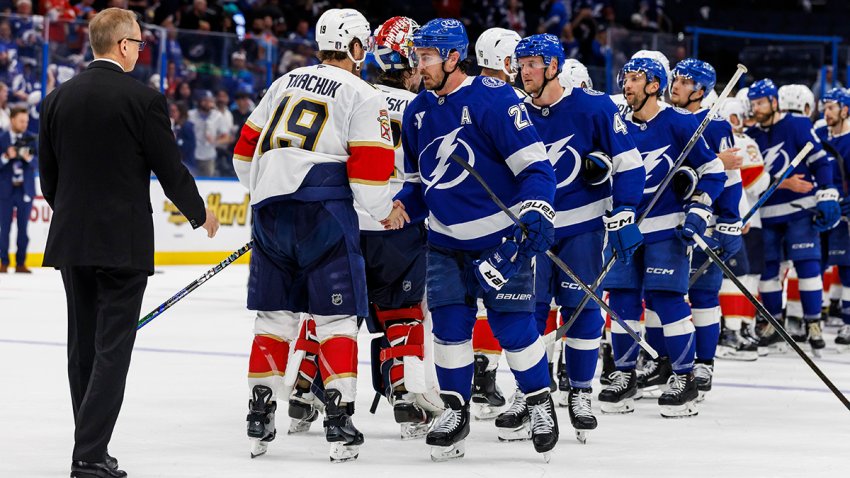TAMPA, FL – APRIL 30: The Tampa Bay Lightning shake hands after the series loss to the Florida Panthers during Game Five of the First Round of the 2025 Stanley Cup Playoffs at Amalie Arena on April 30, 2025 in Tampa, Florida. (Photo by Mark LoMoglio/NHLI via Getty Images)