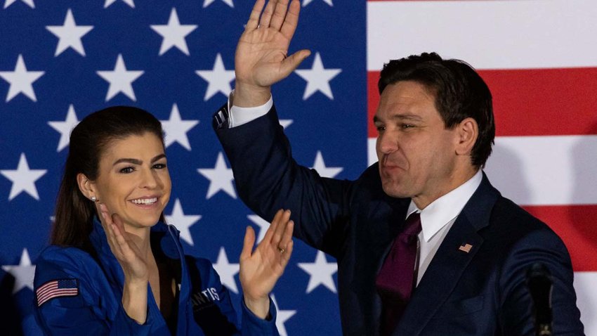 Florida Gov. Ron DeSantis and his wife, Casey DeSantis, react during a caucus watch party at the Sheraton West Des Moines Hotel on Monday, Jan. 15, 2024, in West Des Moines, Iowa. (Matias J. Ocner/Miami Herald/Tribune News Service via Getty Images)