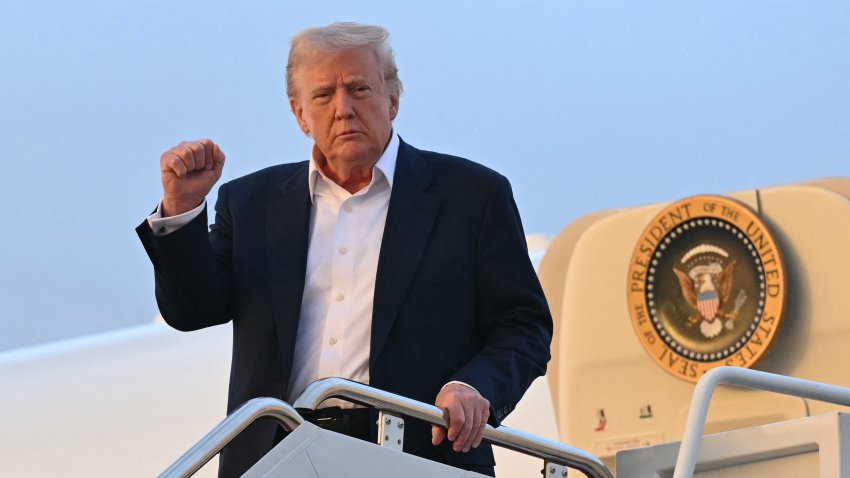 File. US President Donald Trump disembarks from Air Force One upon arrival at Joint Base Andrews in Maryland, May 4, 2025, as he returns to the WHite House after spending the weekend in Florida.