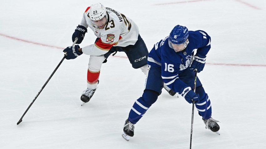 TORONTO, ON – MAY 07: Toronto Maple Leafs Right Wing Mitchell Marner (16) is pursued by Florida Panthers Center Carter Verhaeghe (23) during the Stanley Cup Playoffs Second Round Game 2 between the Florida Panthers and Toronto Maple Leafs on March 7, 2025 at Scoatiabank Arena in Toronto, On. (Photo by Gerry Angus/Icon Sportswire via Getty Images)