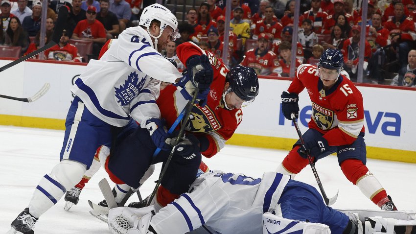 SUNRISE, FLORIDA – MAY 9: Goaltender Joseph Woll #60 of the Toronto Maple Leafs falls on the puck while defends the net against Brad Marchand #63 of the Florida Panthers in Game Three of the Second Round of the 2025 Stanley Cup Playoffs at the Amerant Bank Arena on May 9, 2025 in Sunrise, Florida. (Photo by Eliot J. Schechter/NHLI via Getty Images)