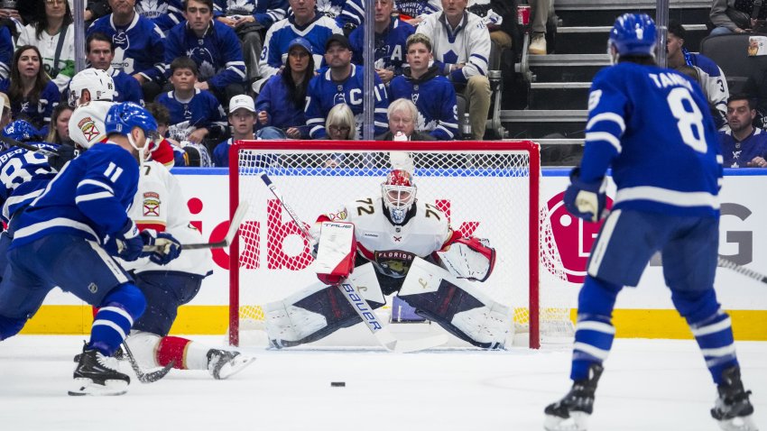 TORONTO, ON – MAY 14: Sergei Bobrovsky #72 of the Florida Panthers watches the puck during the first period of Game Five of the Second Round of the 2025 Stanley Cup Playoffs against the Toronto Maple Leafs at the Scotiabank Arena on May 14, 2025 in Toronto, Ontario, Canada. (Photo by Kevin Sousa/NHLI via Getty Images)