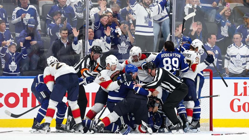TORONTO, CANADA – MAY 14: Players pile up near the net after Nicholas Robertson #89 of the Toronto Maple Leafs scores against the Florida Panthers during the third period in Game Five of the Second Round of the 2025 Stanley Cup Playoffs at Scotiabank Arena on May 14, 2025 in Toronto, Ontario, Canada. (Photo by Michael Chisholm/NHLI via Getty Images)