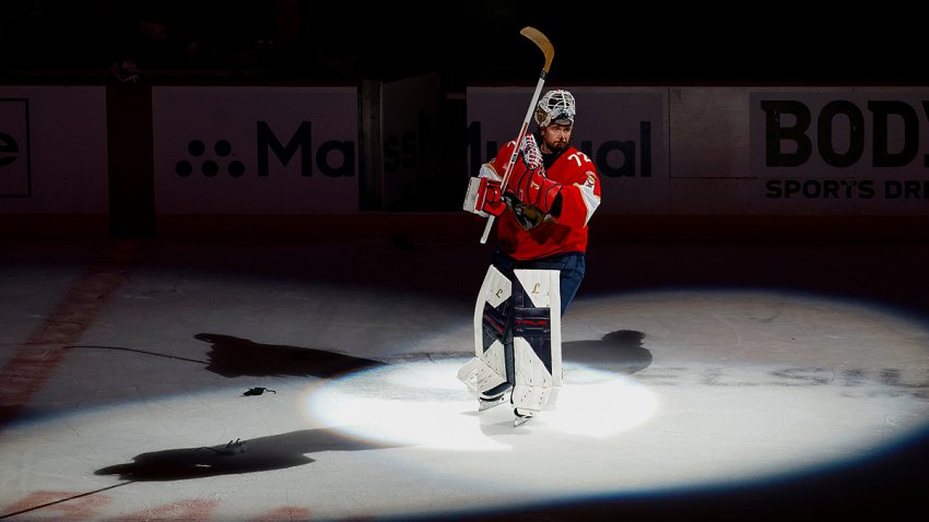 SUNRISE, FL – MAY 11: Goaltender Sergei Bobrovsky #72 of the Florida Panthers skates onto the ice after being awarded the first star of the game for his play against the Toronto Maple Leafs in Game Four of the Second Round of the 2025 NHL Stanley Cup Playoffs at the Amerant Bank Arena on May 11, 2025 in Sunrise, Florida. (Photo by Joel Auerbach/Getty Images)