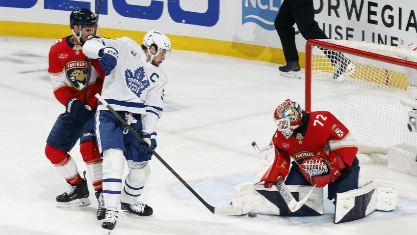 SUNRISE, FL – MAY 16: Goaltender Sergei Bobrovsky #72 of the Florida Panthers stops a shot by Auston Matthews  #34 of the Toronto Maple Leafs in the first period of Game Six of the Second Round of the 2025 NHL Stanley Cup Playoffs at the Amerant Bank Arena on May 16, 2025 in Sunrise, Florida. (Photo by Joel Auerbach/Getty Images)