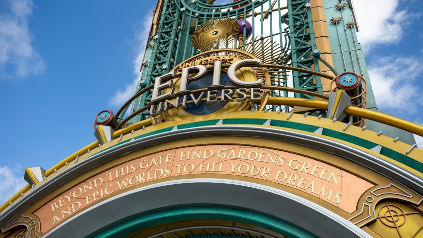 The entrance portal welcomes guests into Orlando’s newest theme park during a preview day for Universal Epic Universe on April 5. (Patrick Connolly/Orlando Sentinel/Tribune News Service via Getty Images)