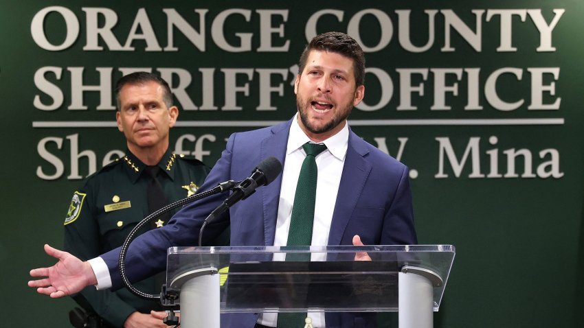 Florida Attorney General James Uthmeier answers questions with Orange County Sheriff John Mina during a press conference announcing a major drug ring bust, Monday, May 19, 2025. The arrest of 19 suspects linked to trafficking of fentanyl and cocaine worth more then $1.5 million was announced at OCSO by a joint task force. (Joe Burbank/Orlando Sentinel/Tribune News Service via Getty Images)