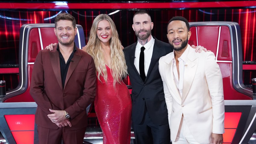 Pictured: (l-r) Michael Buble, Kelsea Ballerini, Adam Levine, John Legend.