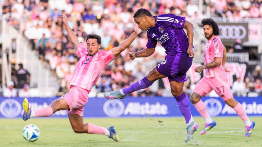 FORT LAUDERDALE, FLORIDA – MAY 18: Luis Muriel #9 of Orlando City shoots during the MLS match between Inter Miami CF and Orlando City at Chase Stadium on May 18, 2025 in Fort Lauderdale, Florida. (Photo by Mark Thorstenson – Orlando City/MLS via Getty Images)