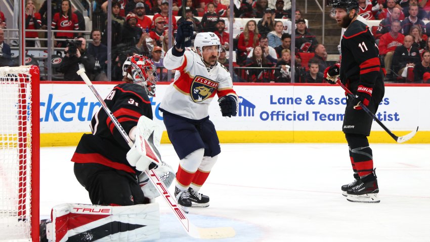 RALEIGH, NORTH CAROLINA – MAY 22: Brad Marchand #63 of the Florida Panthers reacts after a goal from Sam Bennett #9 of the Florida Panthers during the first period against the Carolina Hurricanes in Game Two of the Eastern Conference Final of the 2025 Stanley Cup Playoffs  at Lenovo Center on May 22, 2025 in Raleigh, North Carolina. (Photo by Bruce Bennett/Getty Images)