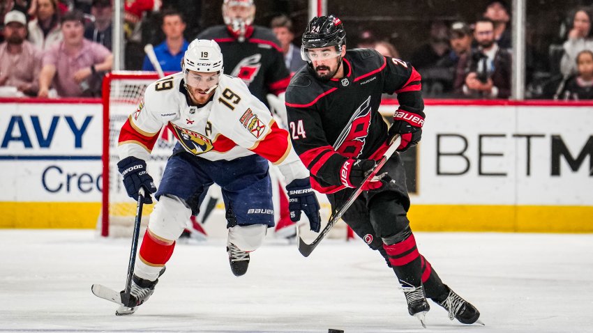 RALEIGH, NC – MAY 28: Seth Jarvis #24 of the Carolina Hurricanes skates with the puck as Matthew Tkachuk #19 of the Florida Panthers defends during the third period of Game Five of the Eastern Conference Final of the 2025 Stanley Cup Playoffs at Lenovo Center on May 28, 2025 in Raleigh, North Carolina.  (Photo by Josh Lavallee/NHLI via Getty Images)