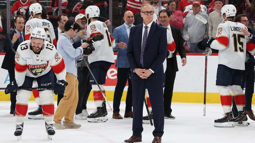 RALEIGH, NORTH CAROLINA – MAY 28: Head coach Paul Maurice of the Florida Panthers looks on after defeating the Carolina Hurricanes 5-3 in Game Five of the Eastern Conference Final of the 2025 Stanley Cup Playoffs at Lenovo Center on May 28, 2025 in Raleigh, North Carolina.  (Photo by Bruce Bennett/Getty Images)