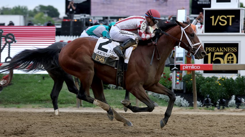 Jockey Umberto Rispoli crosses the finish line on Journalism #2 to win the 150th Preakness Stakes at Pimlico Race Course on May 17, 2025 in Baltimore, Maryland.