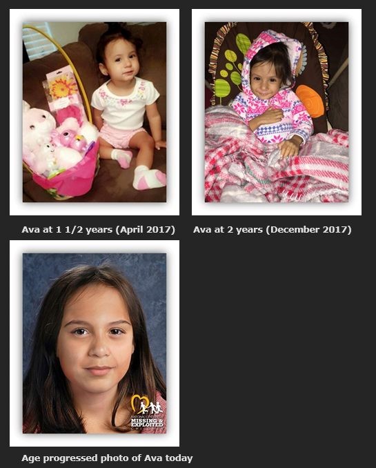 Three photos of the missing girl, Ava, at different times of her life.