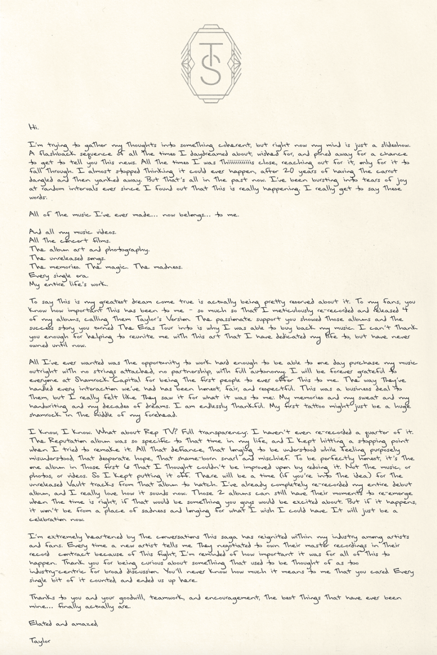 Letter posted to Taylor Swift's website