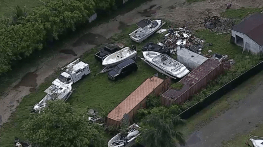 The property on S. River Drive in Miami-Dade where authorities found stolen trailers and boat motors.