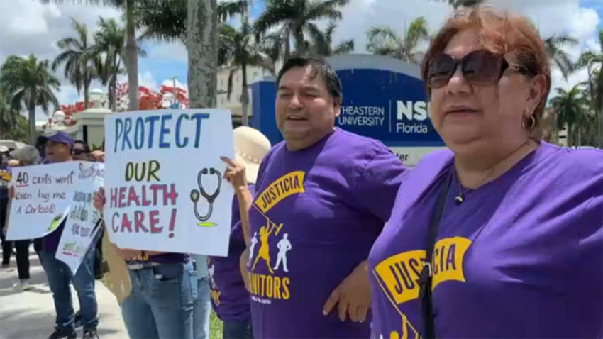 Dozens of janitors and landscapers rallied at NOVA Southeastern University Tuesday afternoon, demanding fair pay and job security after the cleaning company that hires the workers threatened to replace them with robots.