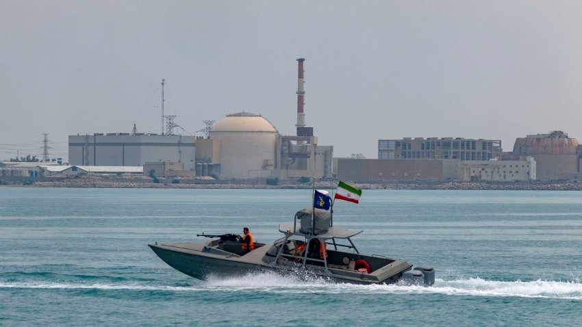An Islamic Revolutionary Guard Corps speed boat sailing along the Persian Gulf during the IRGC marine parade to commemorate Persian Gulf National Day, near the Bushehr nuclear power plant in the seaport city of Bushehr, in the south of Iran, on April 29, 2024.