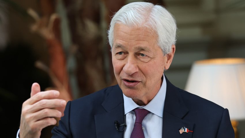 Jamie Dimon, chief executive officer of JPMorgan Chase & Co., during a Bloomberg Television interview at the JPMorgan Chase & Co. Capital Markets conference in Paris, France, on Thursday, May 15, 2025.
