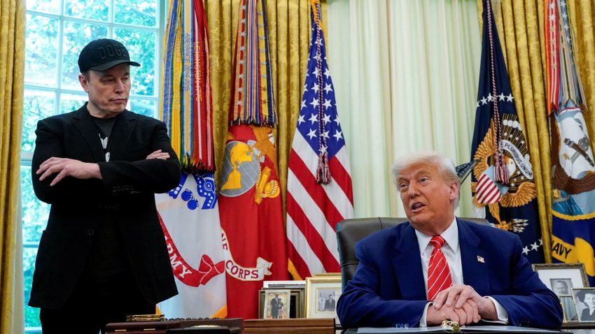 U.S. President Donald Trump and Elon Musk attend a press event in the Oval Office of the White House in Washington, D.C., U.S., May 30, 2025.