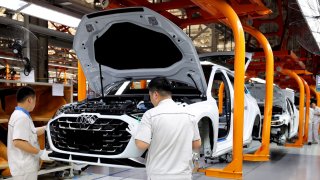 JIMO, CHINA – MAY 21: Car bodies are assembled at a factory of FAW-Volkswagen Automotive Co., Ltd Qingdao Branch on May 21, 2025 in Jimo, Qingdao City, Shandong Province of China.