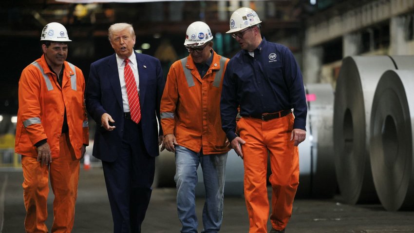 U.S. President Donald Trump walks with North American Flat-Rolled Segment Senior Vice President and Chief Manufacturing Officer Scott Buckiso, Plant manager of Irvin and Fairless Plant Donald German and Mon Valley Works United Steel Corporation Vice President Kurt Barshick, as he visits U.S. Steel Corporation–Irvin Works in West Mifflin, Pennsylvania, U.S., May 30, 2025.