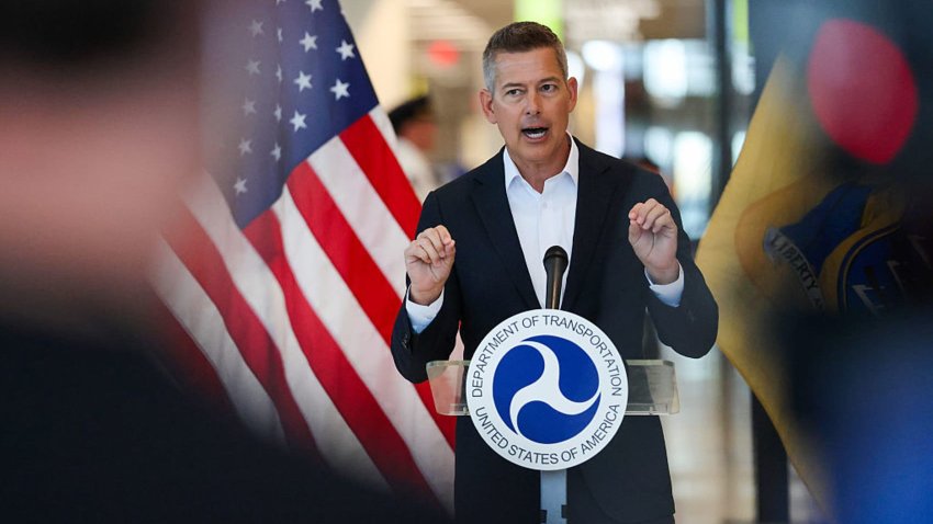 Transportation Secretary Sean Duffy holds a news conference at Newark Liberty International Airport, where he announced the reopening of a major runway at the airport, nearly two weeks ahead of schedule on June 2, 2025 in Newark, New Jersey.