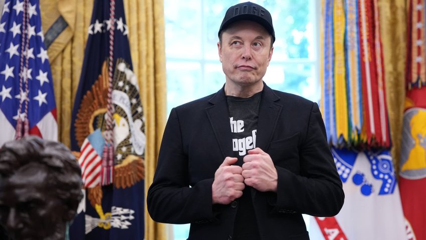 Tesla CEO Elon Musk listens as U.S. President Donald Trump speaks to reporters in the Oval Office of the White House on May 30, 2025 in Washington, DC.