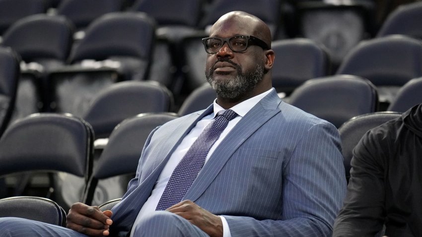 Shaquille O’Neal sits on the bench before the game between the Indiana Pacers and the New York Knicks during Game 2 of the 2025 Eastern Conference Finals at Madison Square Garden in New York City, New York, on May 23, 2025.