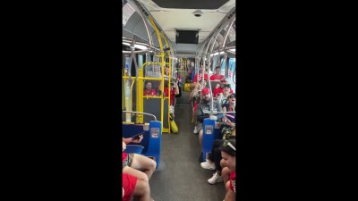 Panthers fans cheer for their team on a bus en route to the championship parade