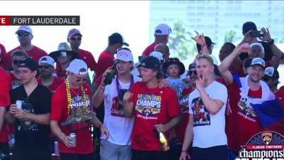 Florida Panthers hit the stage during victory parade in Fort Lauderdale