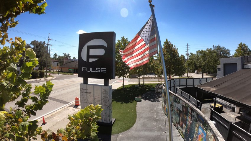 The former Pulse nightclub  the site of the 2016 mass shooting that killed 49 patrons  south of downtown Orlando, Florida, seen on Oct. 18, 2023. The onePulse Foundation,  tasked with building a memorial for the massacre victims, terminated its lease with the owners of the property in July. (Joe Burbank/Orlando Sentinel/Tribune News Service via Getty Images)