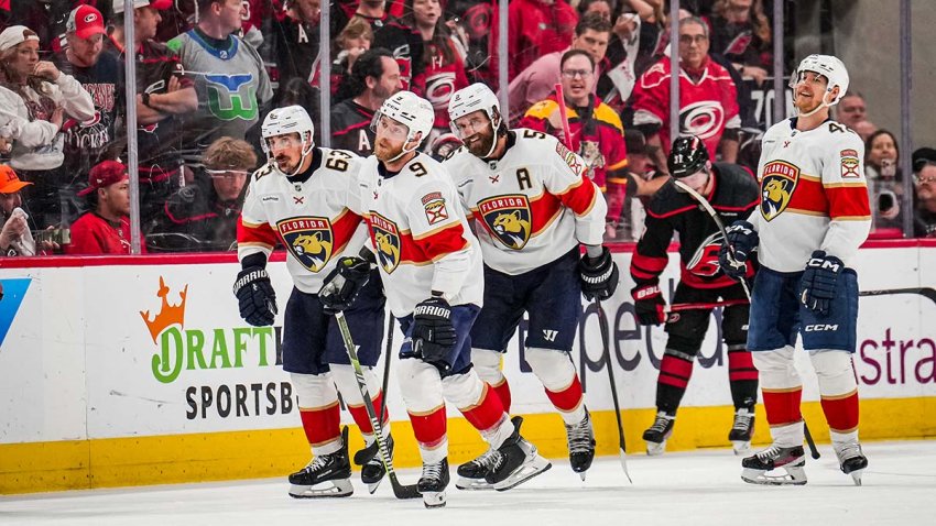 RALEIGH, NC – MAY 28: Sam Bennett #9 and the Florida Panthers skate towards the bench after scoring an empty-net goal during the third period of Game Five of the Eastern Conference Final of the 2025 Stanley Cup Playoffs against the Carolina Hurricanes at Lenovo Center on May 28, 2025 in Raleigh, North Carolina.  (Photo by Josh Lavallee/NHLI via Getty Images)