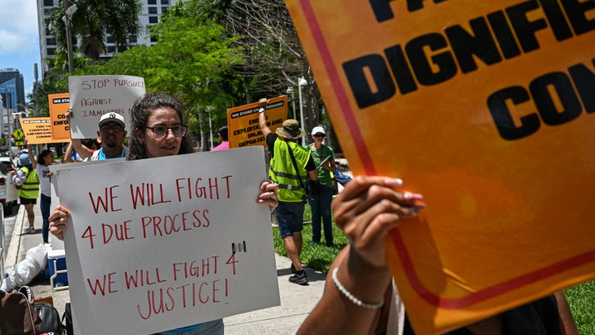 Activist rally outside Miami Federal Court  calling for Governor Ron DeSantis to abide by the court’s restraining order blocking enforcement of a new immigration law, in Miami on May 29, 2025. Federal Judge Kathleen Williams issued a temporary injunction against the immigrant law which according to opponents created new state crimes targeting immigrants entering and living in Florida. (Photo by CHANDAN KHANNA / AFP) (Photo by CHANDAN KHANNA/AFP via Getty Images)