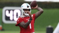 MIAMI GARDENS, FLL – JUNE 03: Miami Dolphins quarterback Tua Tagovailoa (1) warms up during the Miami Dolphins OTAs on Tuesday, June 3, 2025 at Baptist Health Training Center in Miami Gardens, FL. (Photo by Peter Joneleit/Icon Sportswire via Getty Images)