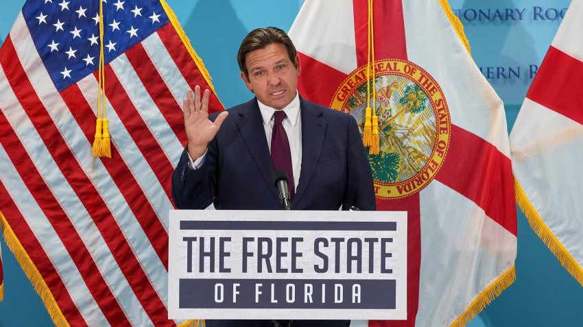 Governor Ron DeSantis speaks at his press conference in Miami, Florida, on Tuesday, May 6, 2025. (Carl Juste/Miami Herald/Tribune News Service via Getty Images)