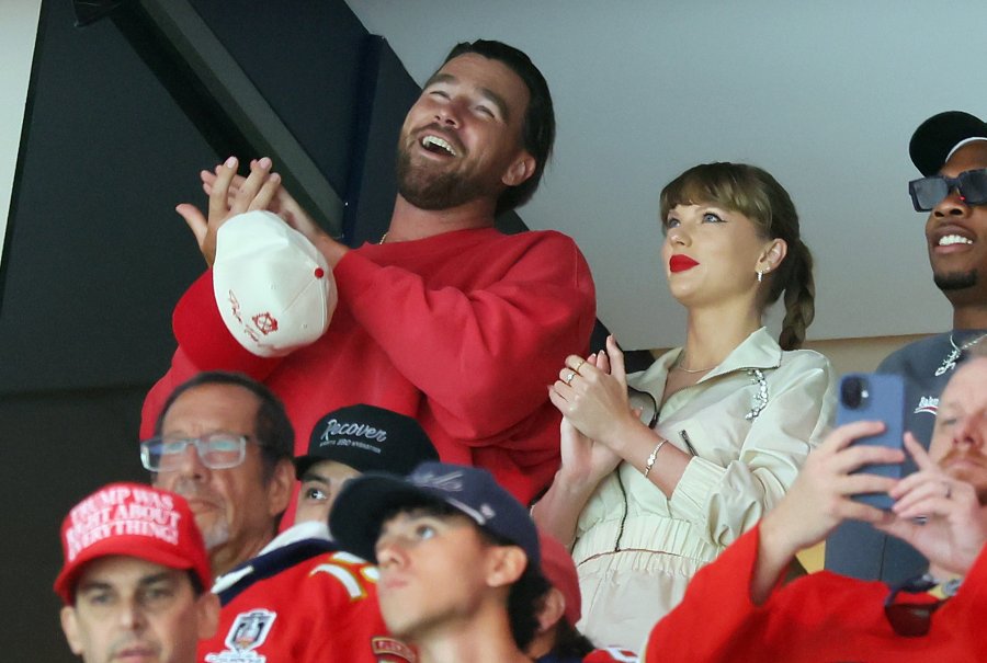 Travis Kelce, left, and Taylor Swift react as the Edmonton Oilers and the Florida Panthers play during the first period in Game Four of the 2025 Stanley Cup Final at Amerant Bank Arena on June 12, 2025 in Sunrise, Florida. 