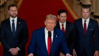 US Vice President JD Vance, from left, US President Donald Trump, Marco Rubio, US secretary of state, and Pete Hegseth, US secretary of defense, during an address to the nation in the East Room of the White House in Washington, DC, US, on Saturday, June 21, 2025. Trump said the US military struck three sites in Iran on Saturday, marking the first American involvement in direct attacks against Iranian nuclear assets in its conflict with Israel.