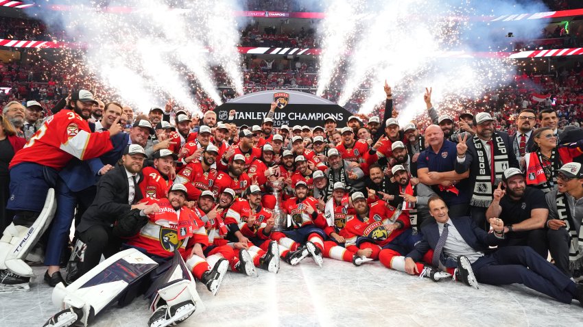 SUNRISE, FLORIDA – JUNE 17: The Florida Panthers pose for a team photo with the Stanley Cup after Game Six of the 2025 Stanley Cup Final against the Edmonton Oilers at Amerant Bank Arena on June 17, 2025 in Sunrise, Florida. The Panthers won the Stanley Cup Final series 4-2. (Photo by Brian Babineau/NHLI via Getty Images)