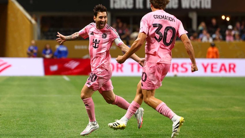 ATLANTA, GEORGIA – JUNE 19: Lionel Messi of Inter Miami celebrates scoring his side’s second goal with team-mate Benjamin Cremaschi during the FIFA Club World Cup 2025 group A match between Internacional CF Miami and FC Porto at Mercedes-Benz Stadium on June 19, 2025 in Atlanta, Georgia. (Photo by Chris Brunskill/Fantasista/Getty Images)