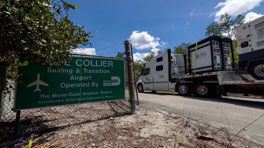 Heavy duty generators are driven into Dade Collier Training and Transition Airport off Tamiami Trail on Monday, June 24, 2025, in Ochopee, Florida. (D.A. Varela/Miami Herald/Tribune News Service via Getty Images)