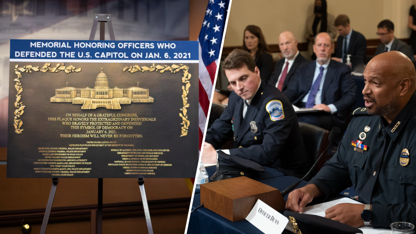 Left: A mockup of the plaque; Right: Officer Daniel Hodges and former U.S. Capitol Police officer Harry Dunn during a 2021 hearing on the January 6 attack.