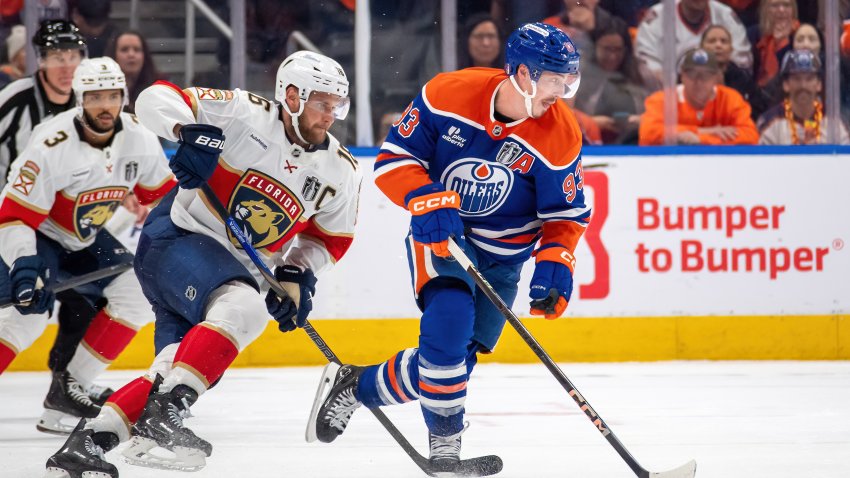 EDMONTON, CANADA – JUNE 4: Ryan Nugent-Hopkins #93 of the Edmonton Oilers skates against Aleksander Barkov #16 of the Florida Panthers during the overtime period of Game One of the 2025 Stanley Cup Final at Rogers Place on June 4, 2025, in Edmonton, Canada. (Photo by Andy Devlin/NHLI via Getty Images)