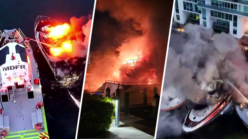 Multiple vessels caught fire in Sunny Isles Beach early Friday, and crews are working to extinguish the blaze.