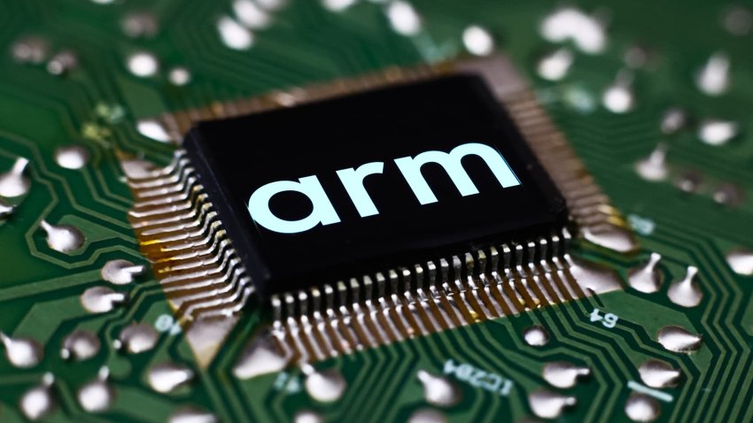 The logo of semiconductor design firm Arm on a chip.