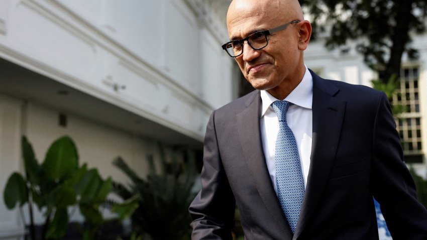 Microsoft CEO Satya Nadella leaves after attending a meeting with Indonesian President Joko Widodo at the Presidential Palace in Jakarta, Indonesia, on April 30, 2024.